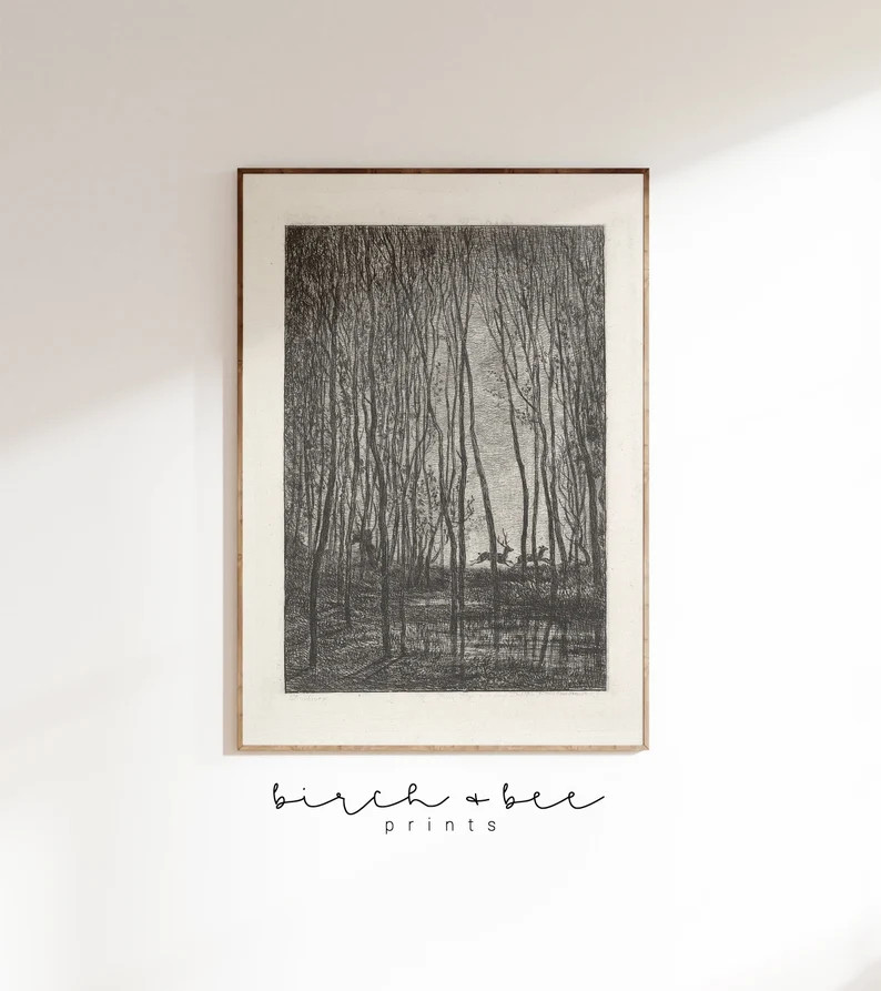 Deer in Woods Art  Vintage Tree Sketch  Forest Nursery Art - Etsy | Etsy (US)