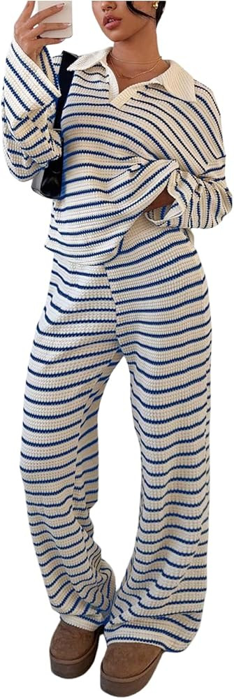 MakeMeChic Striped Lounge Set 2 Piece Sweater Sets for Women Going Out Travel Outfit | Amazon (US)