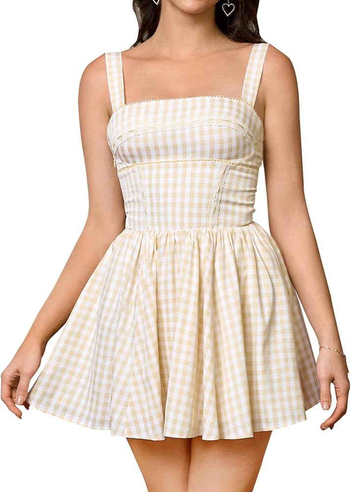 KUTUMAI Summer Gingham Mini Dress Corset Square Neck Lace Up Casual Sundress Flowy A Line Short D... | Amazon (US)