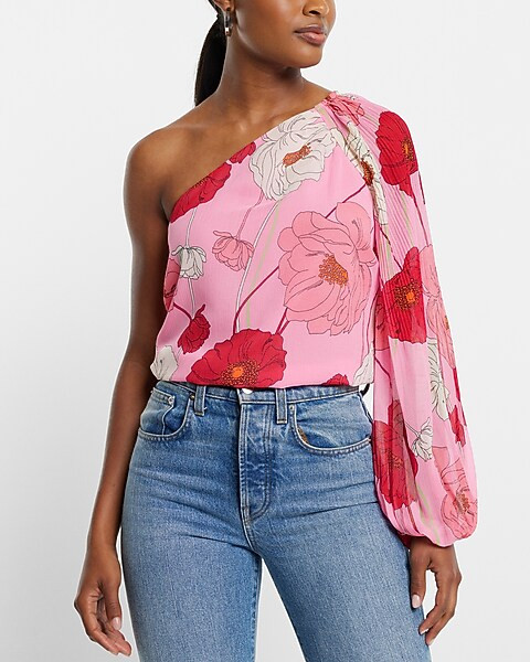 Floral Print One Shoulder Pleated Top | Express