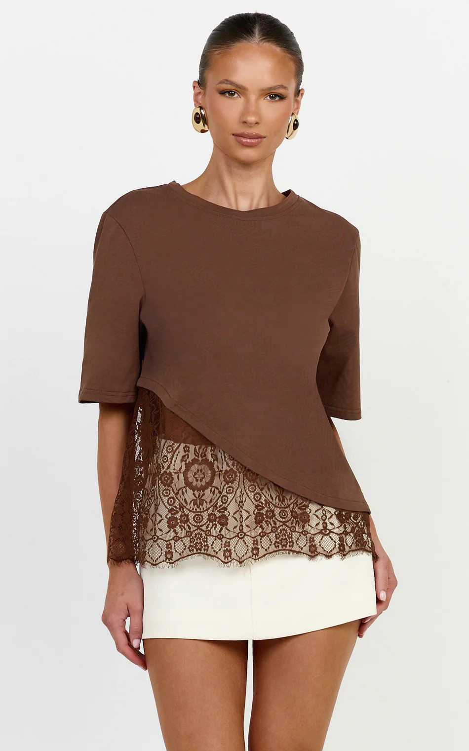Asym Tee with Lace Trim in Chocolate | Showpo (ANZ)