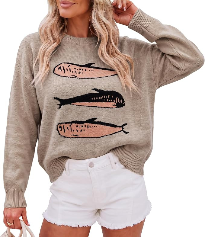 Cicy Bell Womens Fish Graphic Sweaters Lightweight Knit Crewneck Pullover | Amazon (US)