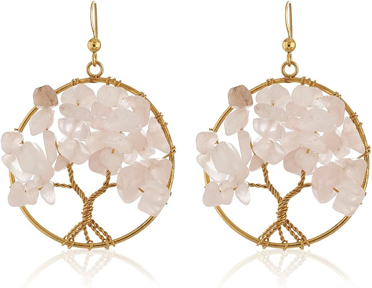 Handmade Gold-Plated Tree of Life Gemstone Beads Dangle Earrings, 55mm | Amazon (US)