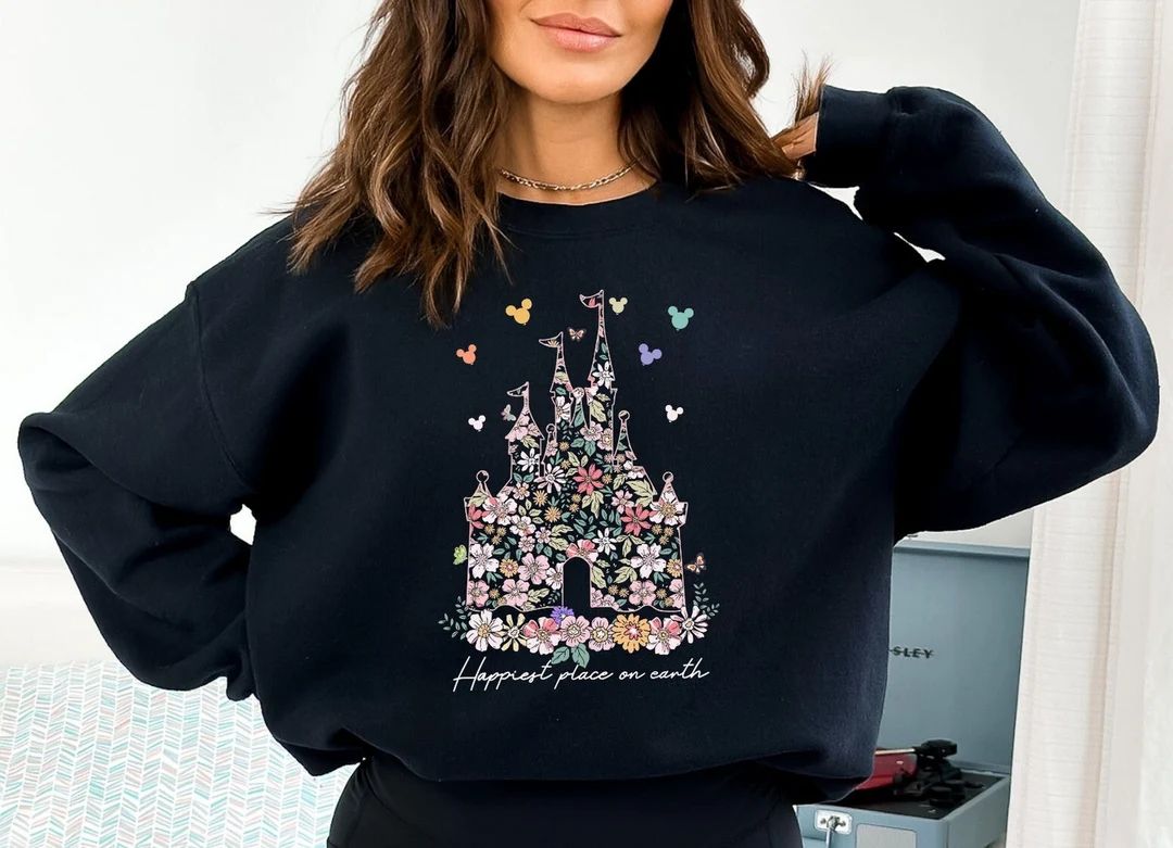 Disney Castle Floral Sweatshirt, Vintage Disney Sweatshirt, Happiest Place on Earth Sweatshirt , ... | Etsy (US)