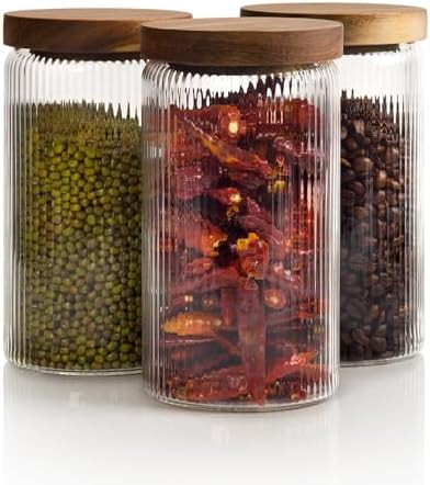 Mason & Fable Ribbed Glass Jars with Wooden Lid 27 fl oz- Set of 3 | Airtight Fluted Storage Cont... | Amazon (US)