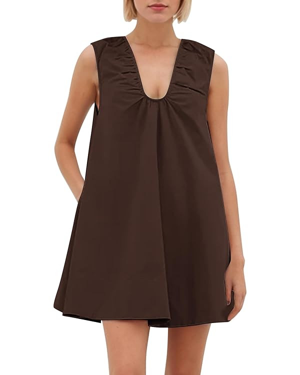 MISSACTIVER Women's Sleeveless Babydoll Tank Mini Dress Scoop Neck Ruched Short Dress with Side P... | Amazon (US)