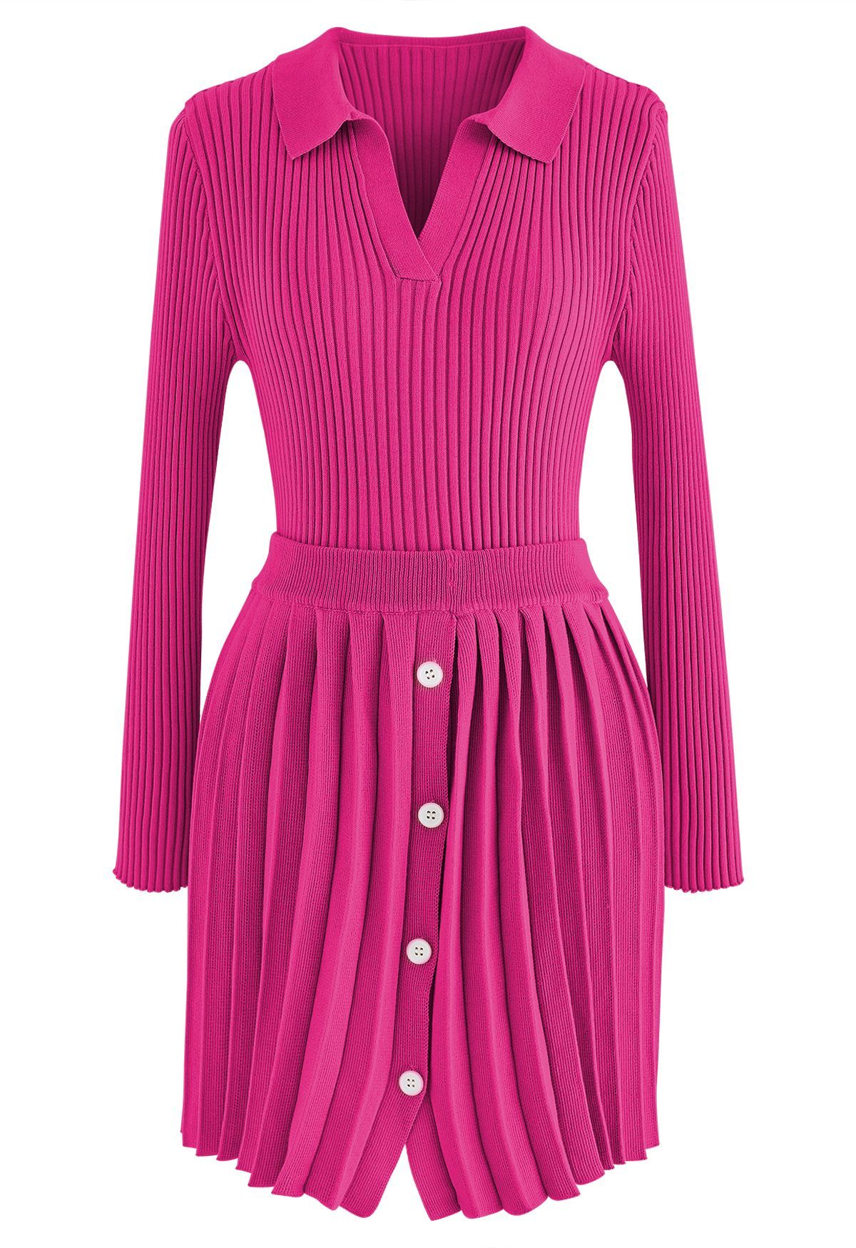 Collared V-Neck Knit Top and Pleated Skirt Set in Hot Pink | Chicwish