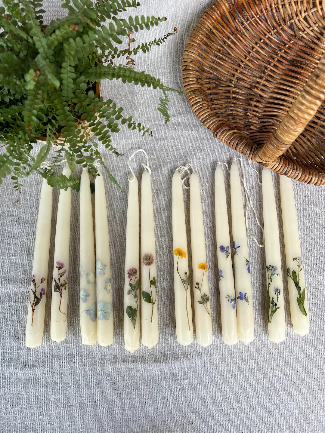 Botanical Taper Candles, Pressed Flower Boho Candles, Set of Two 10”tapers, Hand Dipped Tapers,... | Etsy (US)