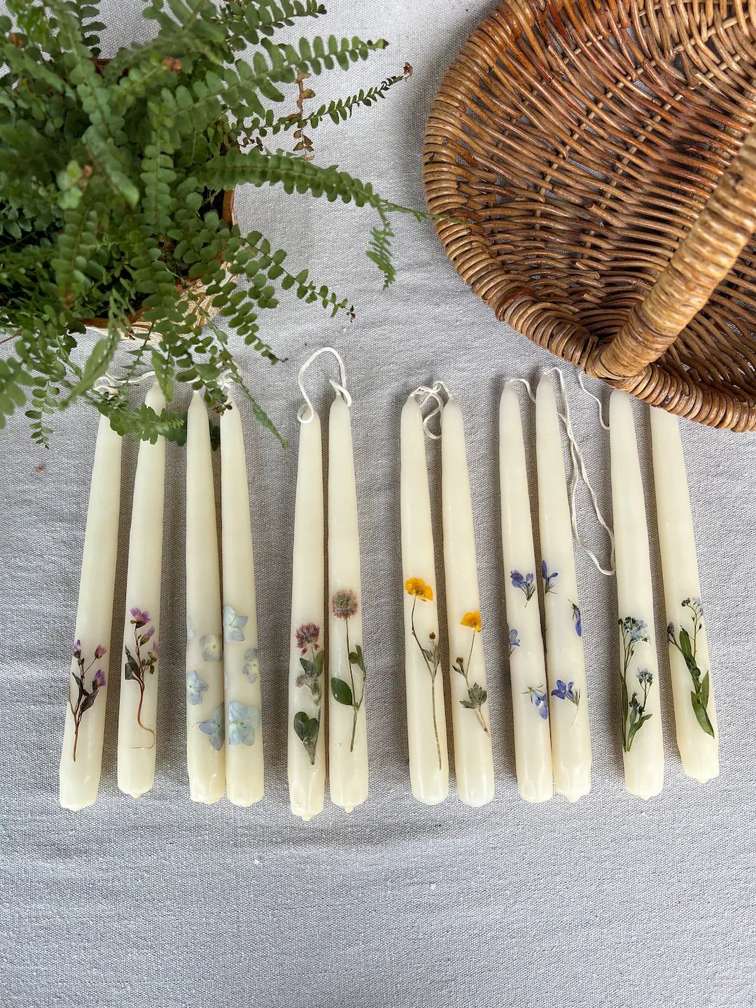 Botanical Taper Candles, Pressed Flower Boho Candles, Set of Two 10tapers, Hand Dipped Tapers, Re... | Etsy (US)