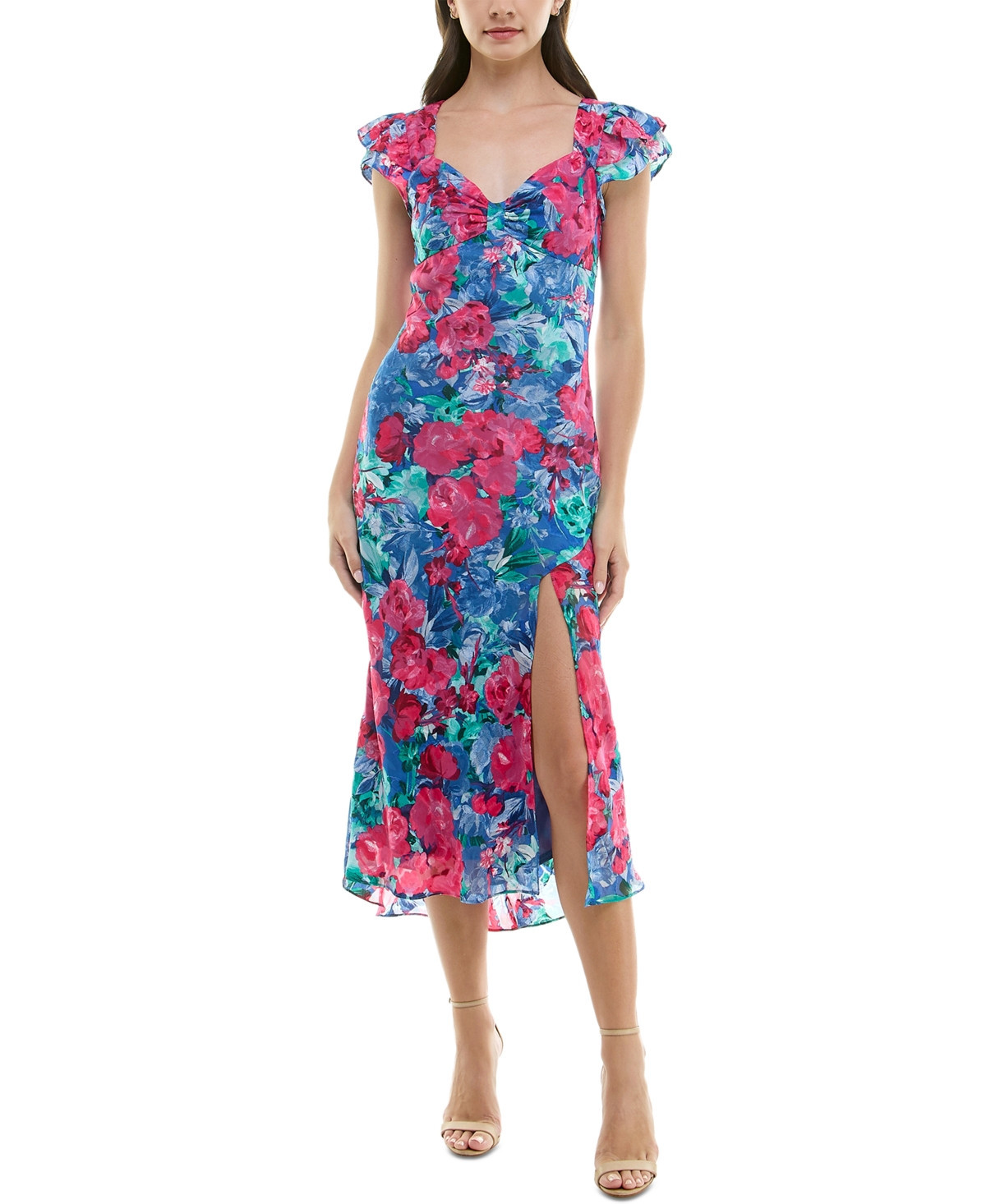 Bcx Juniors' Floral Jacquard Midi Bodycon Dress - Pink/Blue Multi | Macy's