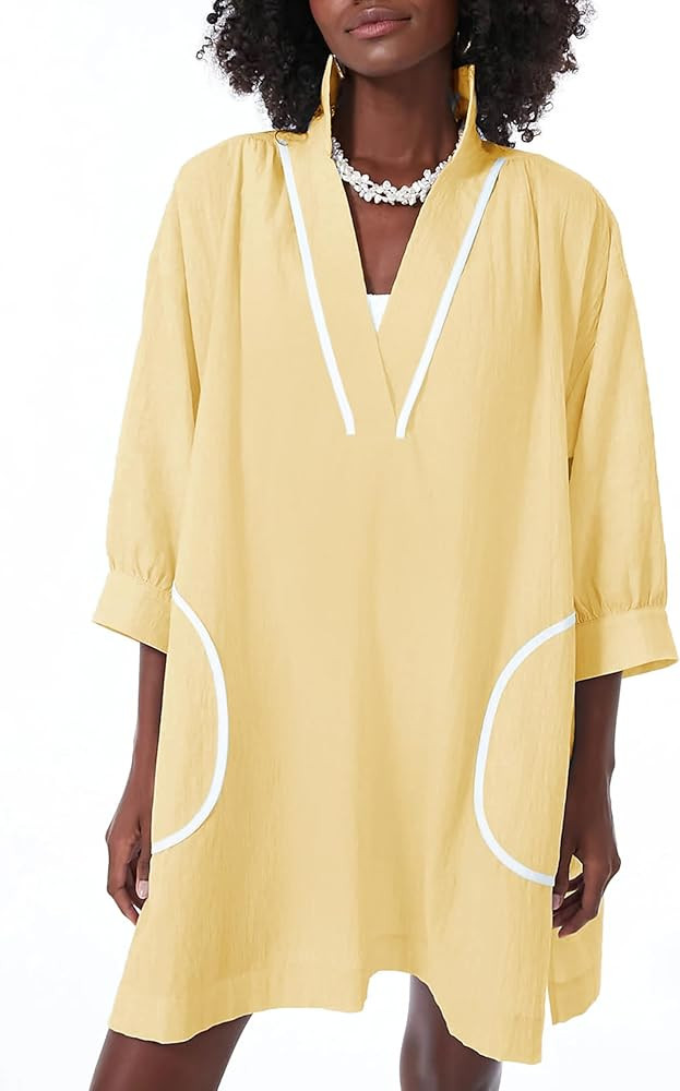 Ailoqing Swimsuit Coverup Womens V Neck 3/4 Sleeve Casual Shirt Dress with Pockets | Amazon (US)