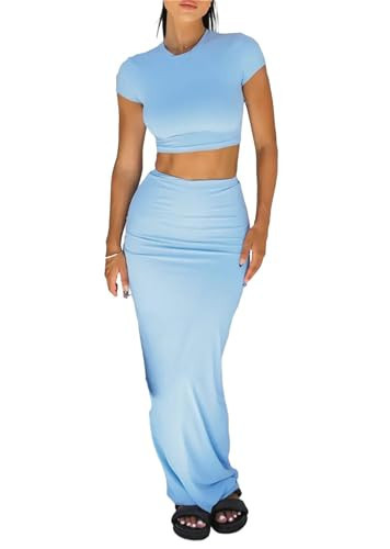 Two Piece Skirt Set for Women 2 PC Y2K Outfits Short Sleeve Crop Tops Bodycon High Waist Long Maxi Skirts Sky Blue XL | Amazon (US)