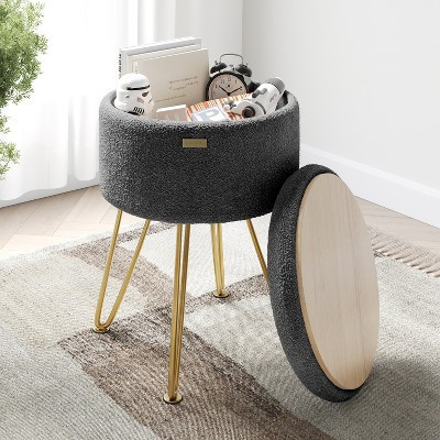 StorageBud Round Ottoman with Storage, Boucle Storage Ottoman, Modern Foot Stool Ottoman for Living Room and Bedroom, Gray/Gold Legs | Target