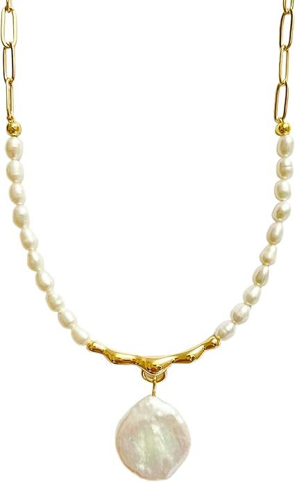 baroque pearl necklace for women cultured real freshwater big pearl necklace round pearl statemen... | Amazon (US)