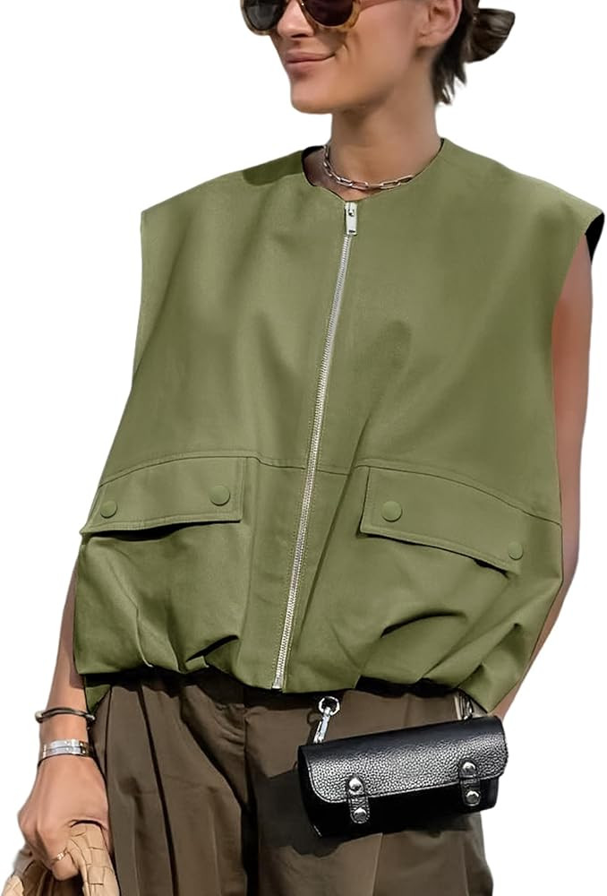 Yimoon Women\u2019s Oversized Zip Up Cargo Vest Casual Ruched Hem Sleeveless Blazer Jackets Vest ... | Amazon (US)