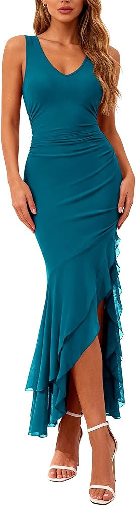 BTFBM Summer Dresses for Women 2026 Bodycon Ruched Sleeveless V Neck Solid Maxi Cocktail Wedding ... | Amazon (US)