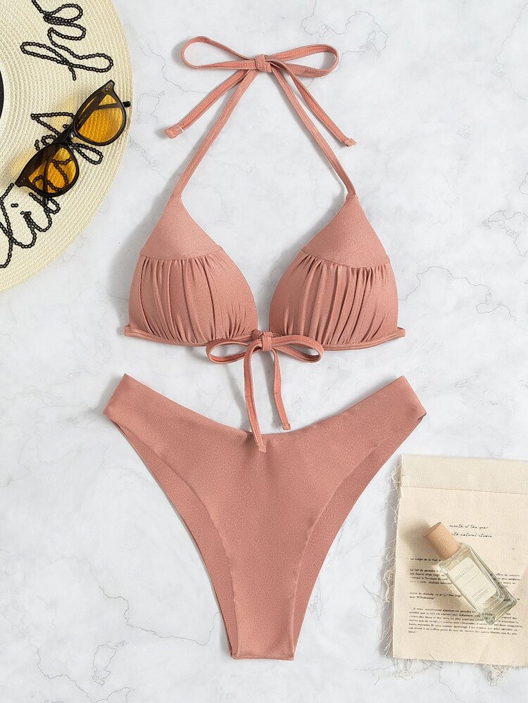 Ruched Bust Halter Push Up Bikini Swimsuit | SHEIN