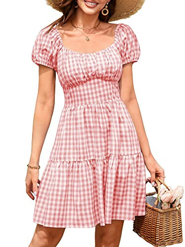 ZAFUL Women's Casual Plaid Mini Dress Scoop Neck Short Puff Sleeve Sundress A-Line Flowy Summer Dresses (A-Light Pink,S) | Amazon (US)