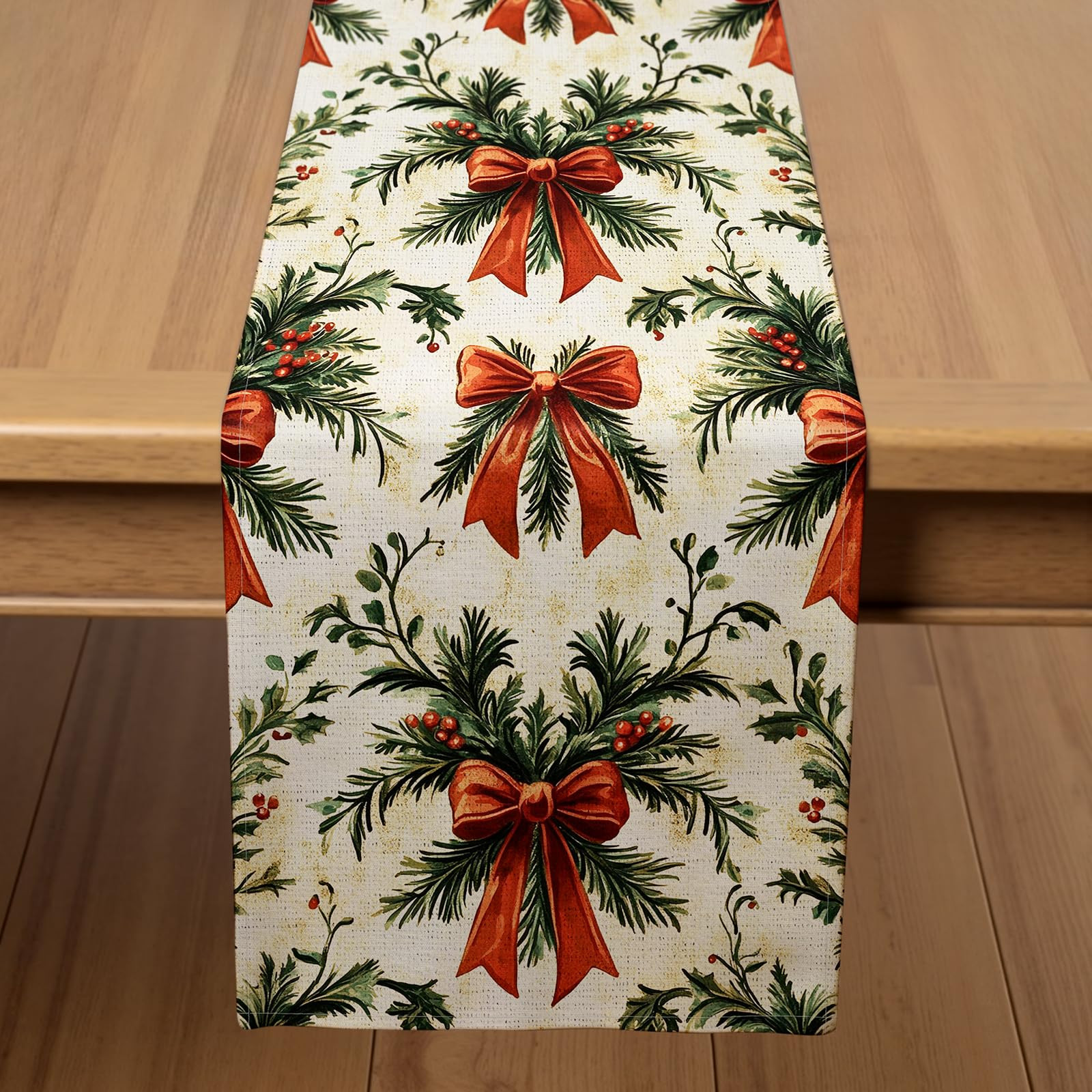 ​VIV CHERBL Christmas Table Runner with Pine Branches, Red Bows & Holly Berries, Table Decorati... | Amazon (US)