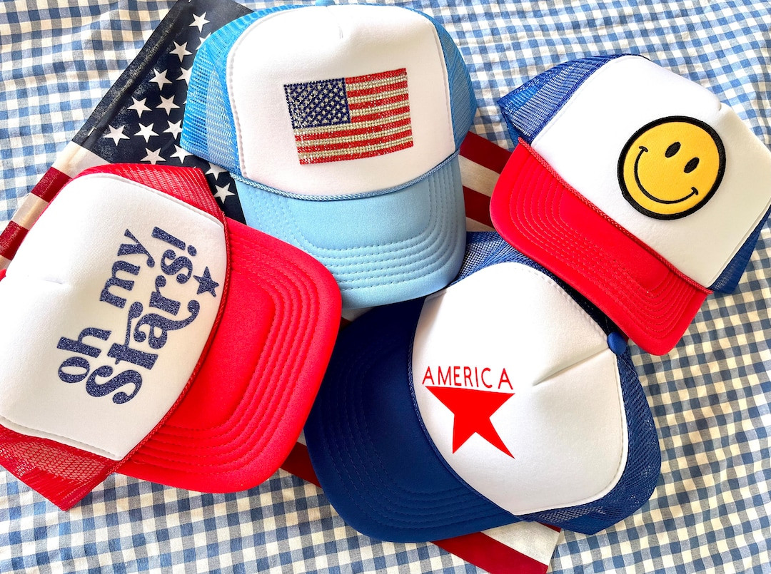 HappyStack HappyNation trucker hats, smiley face trucker hat, custom trucker hat, 4th of July hat... | Etsy (US)