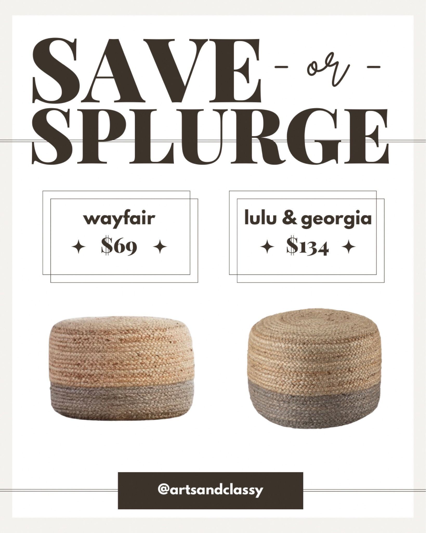 This gorgeous two-toned jute pouf from Wayfair is almost identical to the designer one for around 1/2 the price! 
#poufs #ottoman #luluandgeorgia #wayfair #designerdupe #saveorsplurge 

#LTKsalealert #LTKhome #LTKfindsunder100