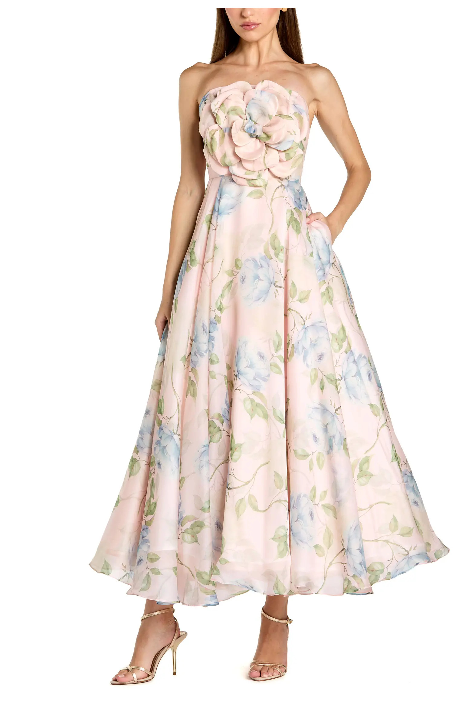 Strapless Floral Organza Midi Dress With Flower | Nordstrom