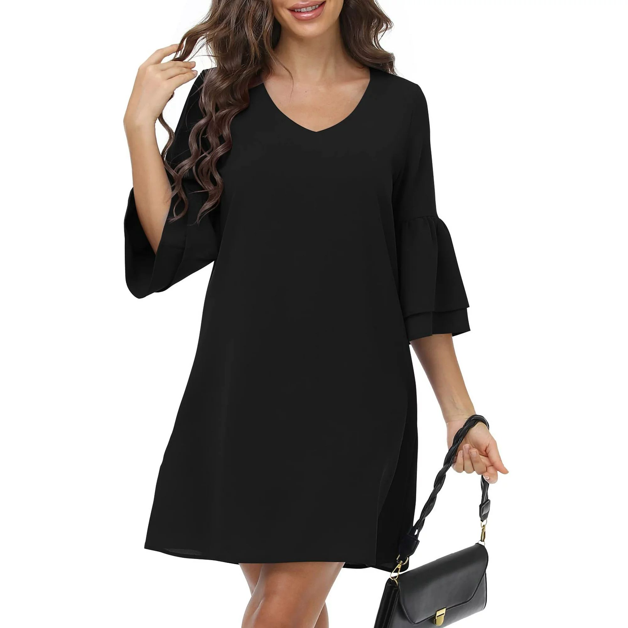 MLANM Women Summer T-Shirts Dress V Neck Casual Loose Mini Swing Shift Dresses, S Black | Walmart (US)
