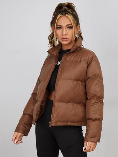 SHEIN Solid Zip Up Puffer Coat | SHEIN