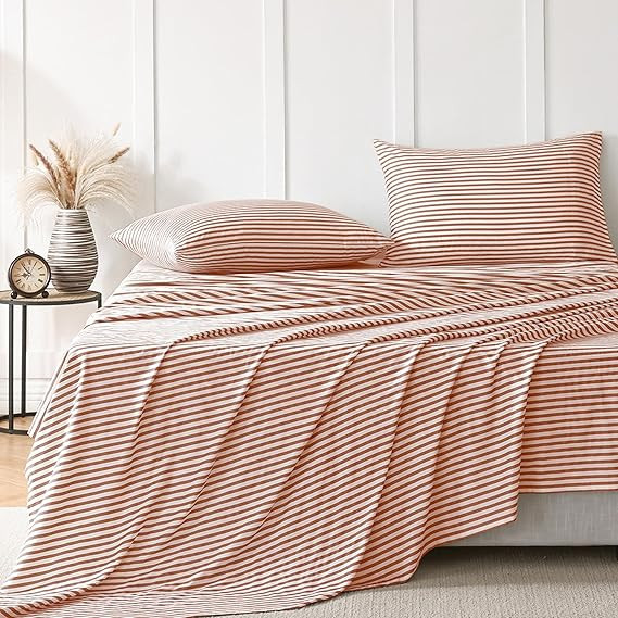 JELLYMONI Natural Cotton Bedding Set, 4-Piece Striped Sheets – King Size, Pink | Amazon (US)