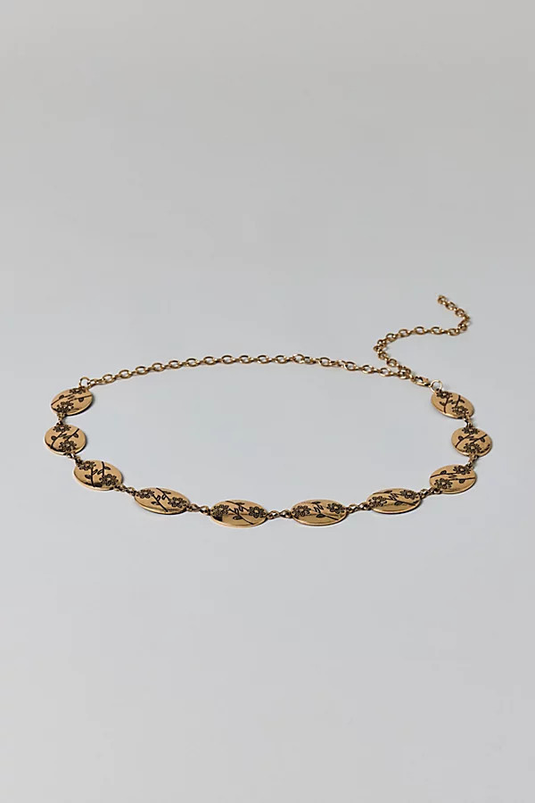 Etched Flower Metal Chain Belt in Gold, Women's at Urban Outfitters | Urban Outfitters (US and RoW)