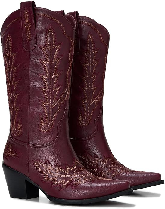 Cowboy Boots For Women - Western Mid-Calf Cowgirl Boots - Snip Toe - 3” Wood Grain Chunky Heel ... | Amazon (US)