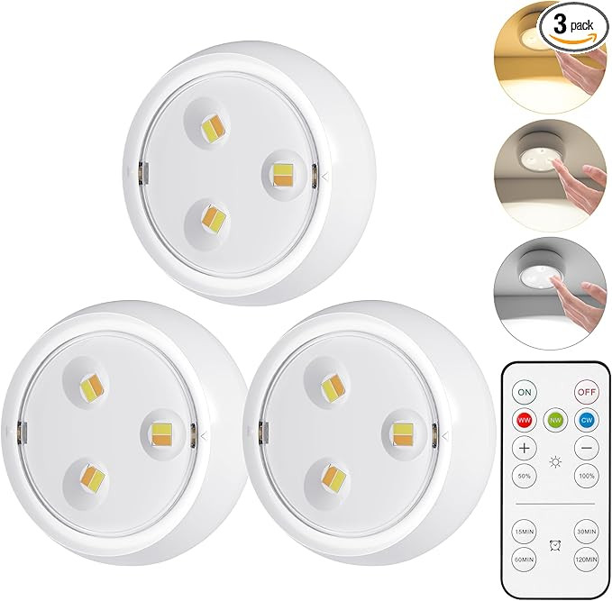 LED Puck Lights with Remote, 3 Color Light, Battery Operated Push Light Under Cabinet Light, Dimm... | Amazon (US)