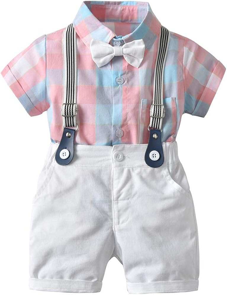 Baby Boys Gentleman Outfits Suits, Infant Short Sleeve Shirt+Bib Pants+Bow Tie Clothes Set | Amazon (US)