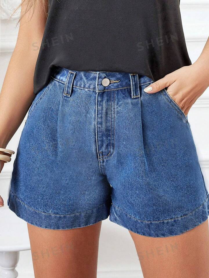 SHEIN LUNE Women's Pleated Loose Fit Denim Shorts | SHEIN