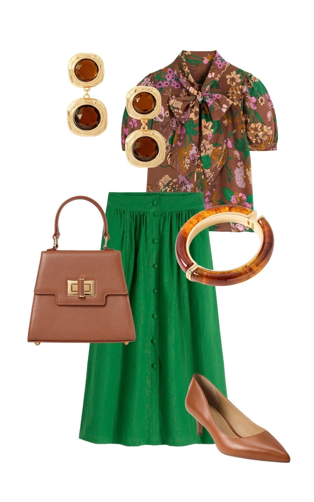 Tie Neck Silk Woodland Floral Top (NEW ARRIVAL) & ‘Emma’ Highland Green Linen Button Front Maxi Skirt (ON SALE) - Boden

Tan Textured Leather ‘Mable’ Top Handle Bag - Emmy London

Honey Resin Bangle - Oliver Bonas

Brown Resin & Gold Tone Drop Earrings - Mint Velvet

‘Adrienne’ Kitten Heel Court Shoes in Tan Leather - Ralph Lauren

#LTKstyletip #LTKsale #LTKshoes #LTKbag #LTKsummer #LTKeurope #LTKuk