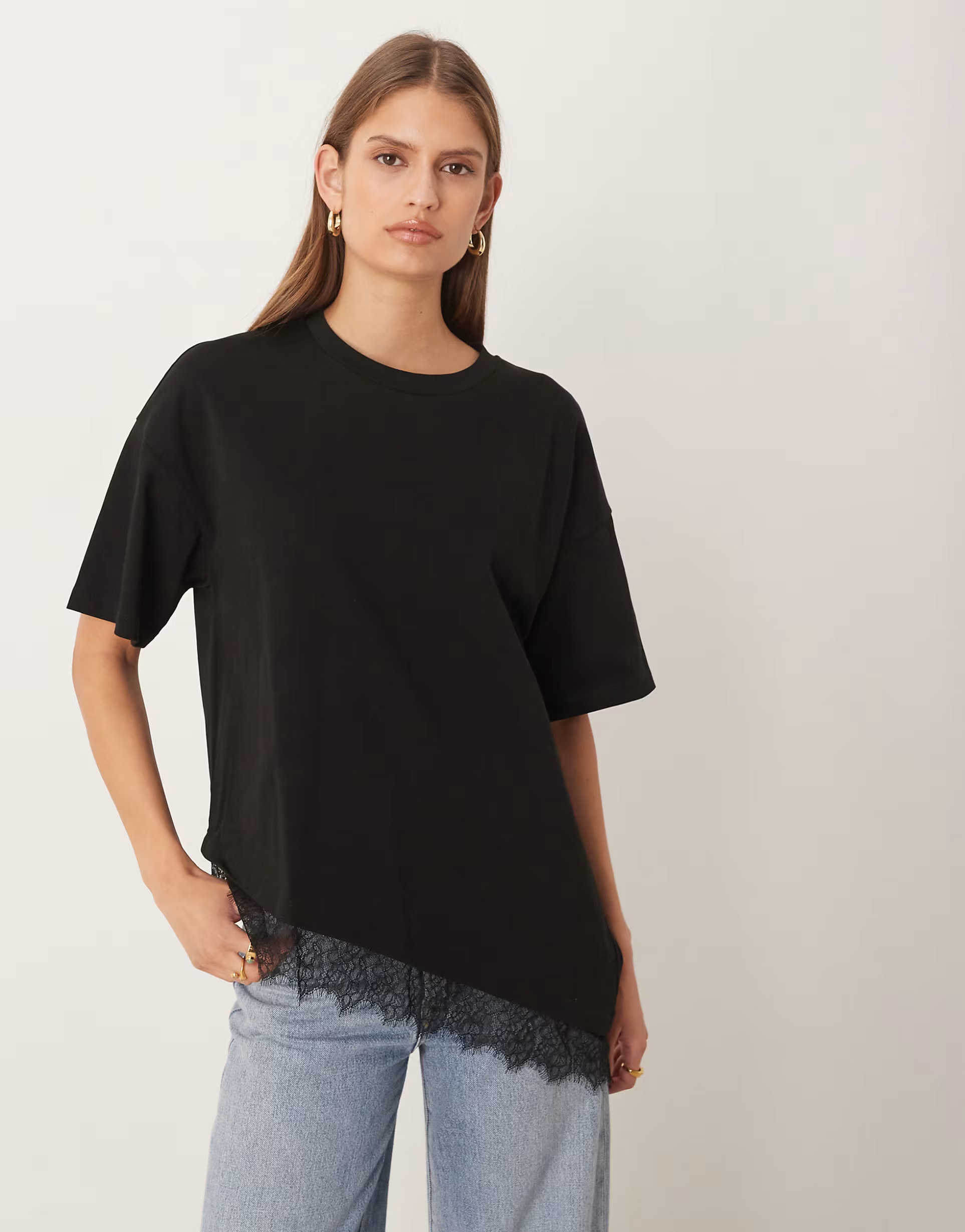ASOS DESIGN longline asymmetric tee with lace trim detail in black | ASOS | ASOS (Global)