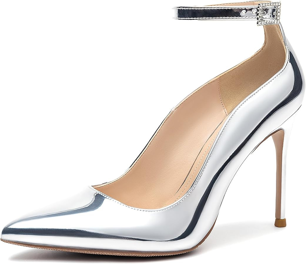 Women's Closed Pointed Toe High Heels Pumps Ankle Strap 4IN Stiletto Heels Classic Office Dress W... | Amazon (US)