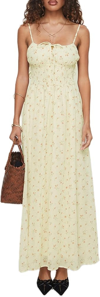 Women Cute Boho Flowy Maxi Dress Spaghetti Strap V Neck Smocked Long Dress Y2K Patchwork Floral B... | Amazon (US)
