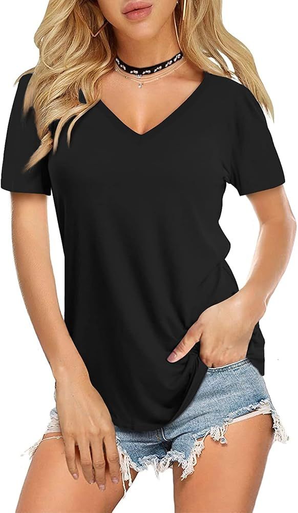 Amoretu Womens T Shirts V Neck Short/Long Sleeve Tshirt Basic Tee Curved Hem Tops | Amazon (US)