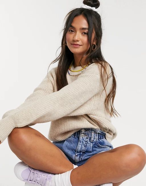 ASOS DESIGN crew neck fluffy sweater with balloon sleeve | ASOS (Global)