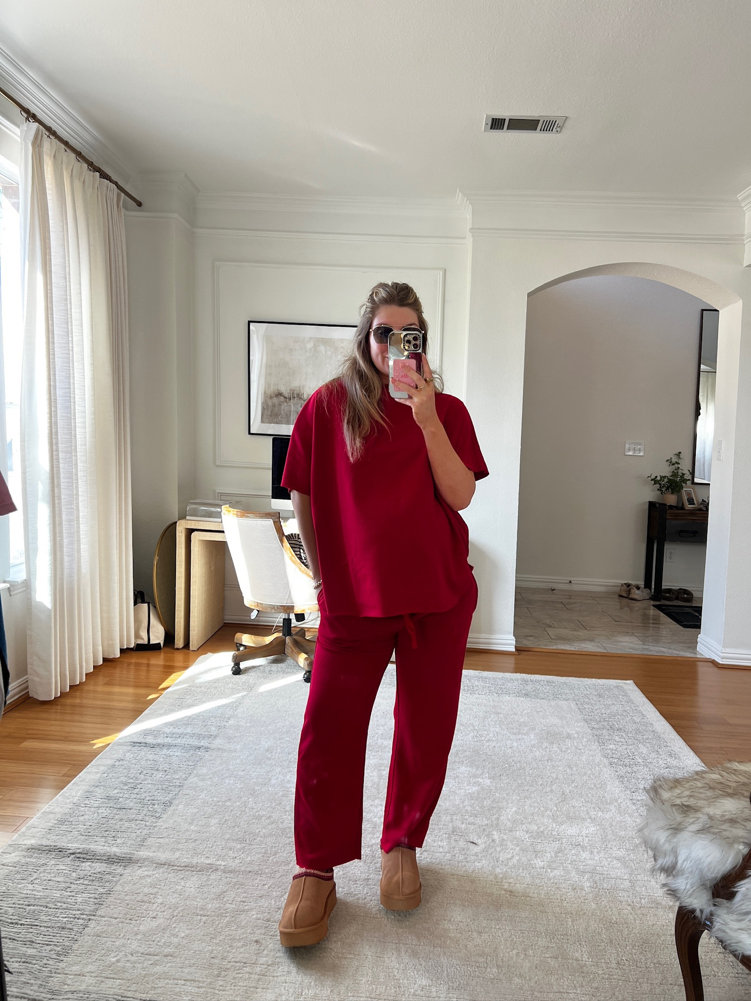 Loving this lounge set! I have in gray as well and have been wearing all the time. 

Sweat set, loungewear, athleisure, red outfit 