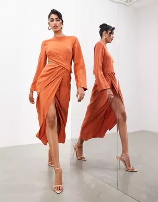 ASOS EDITION long sleeve drape detail midi dress in rust | ASOS (Global)