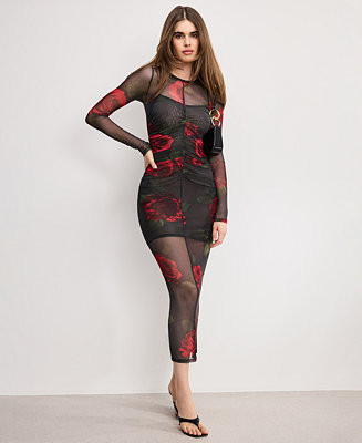 Good American Women's Mesh Ruched Long Sleeve Maxi Dress, Regular and Plus Size - Macy's | Macy's
