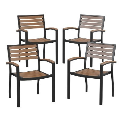 Emma and Oliver Set of 4 Stackable All-Weather Black Aluminum Patio Chairs with Faux Teak Slats | Target