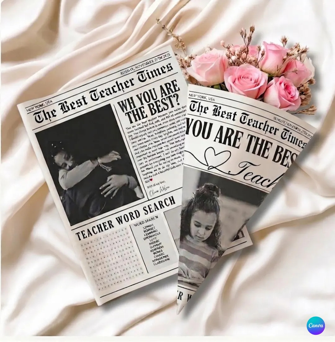Editable Teacher Appreciation Newspaper Template, Teacher Flower Bouquet Wrap (24x18 Inches) - Et... | Etsy (Global)