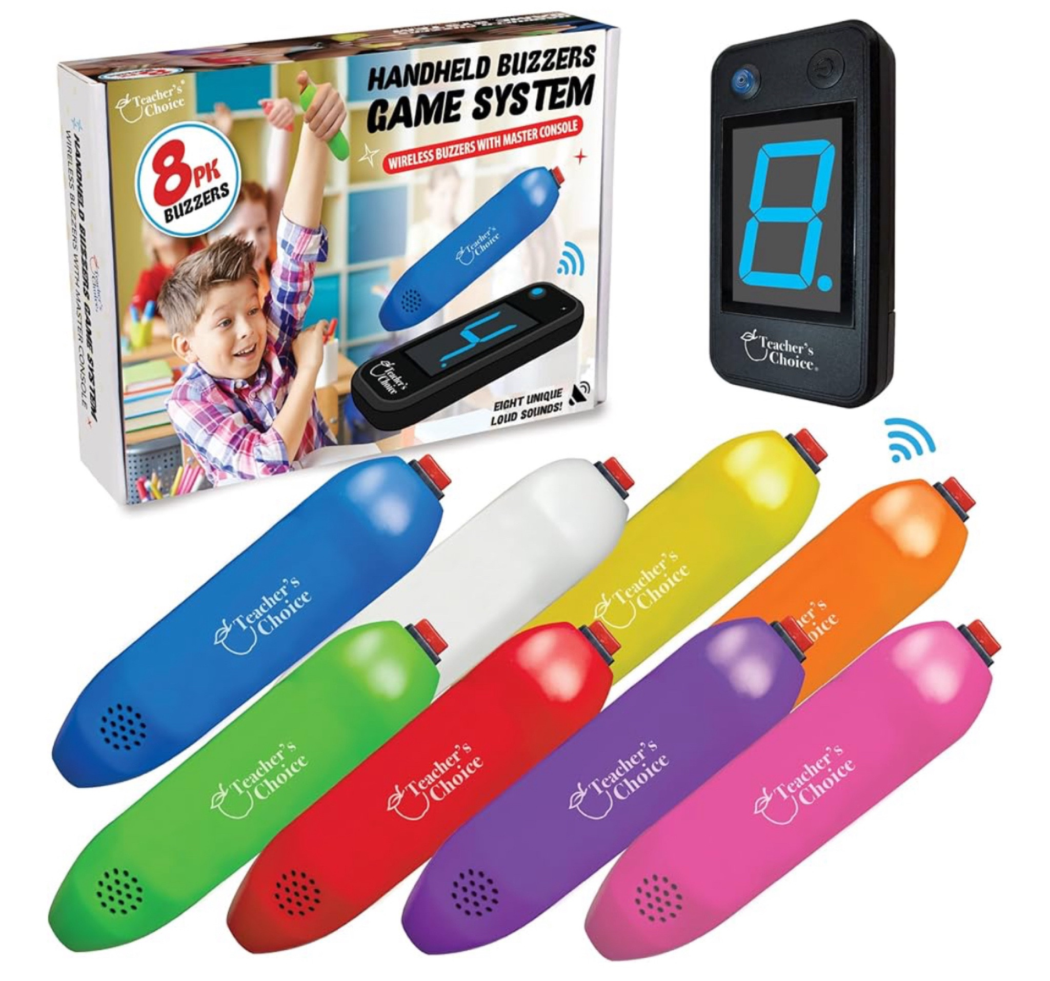 Teacher's Choice 8 Player Wireless Handheld Game Buzzer System - Displays First Buzz-in - Great for Jeopardy, Family Feud, Trivia and Buzzer Games - Console with 8 Joystick Buzzers, 8 Unique Sounds