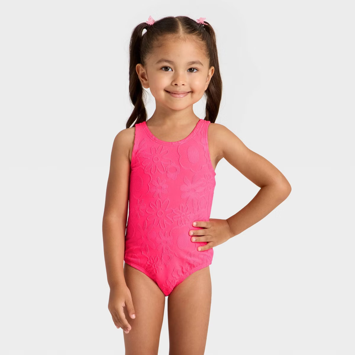Toddler Girls' Jacquard Floral One Piece Swimsuit - Cat & Jack™ Bright Pink | Target