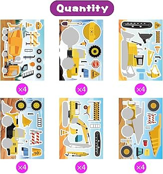 24 Sheets Make Your Own Construction Vehicle Stickers for Kids Boys, Make-a-Face Engineering Vehi... | Amazon (US)