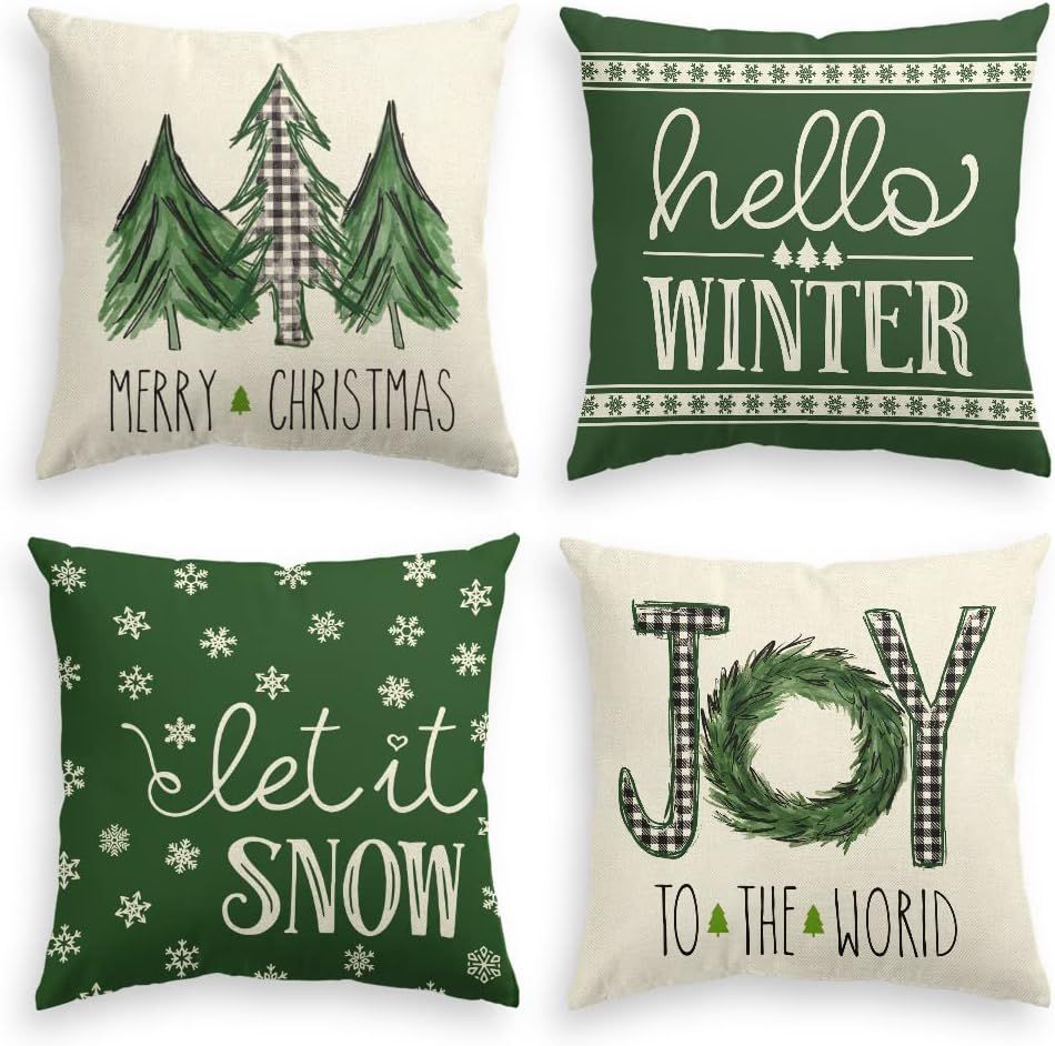 AVOIN colorlife Merry Christmas Trees Mottos Green Throw Pillow Covers, 18 x 18 Inch Hello Winter... | Amazon (US)