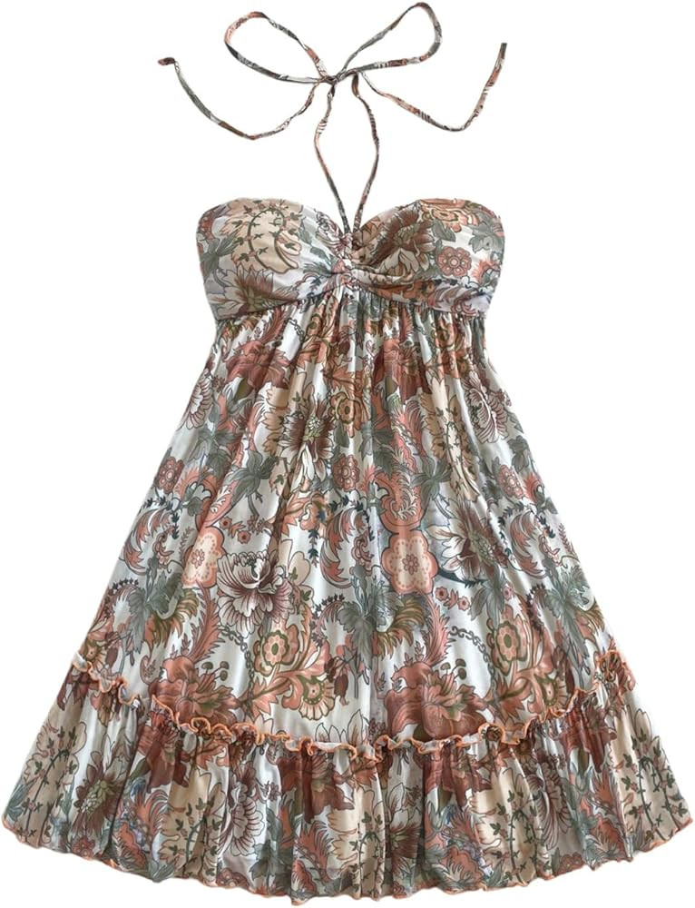 MakeMeChic Women's Paisley Print Ruched Halter Mini Dress Ruffle Tiered A Line Boho Dresses | Amazon (US)